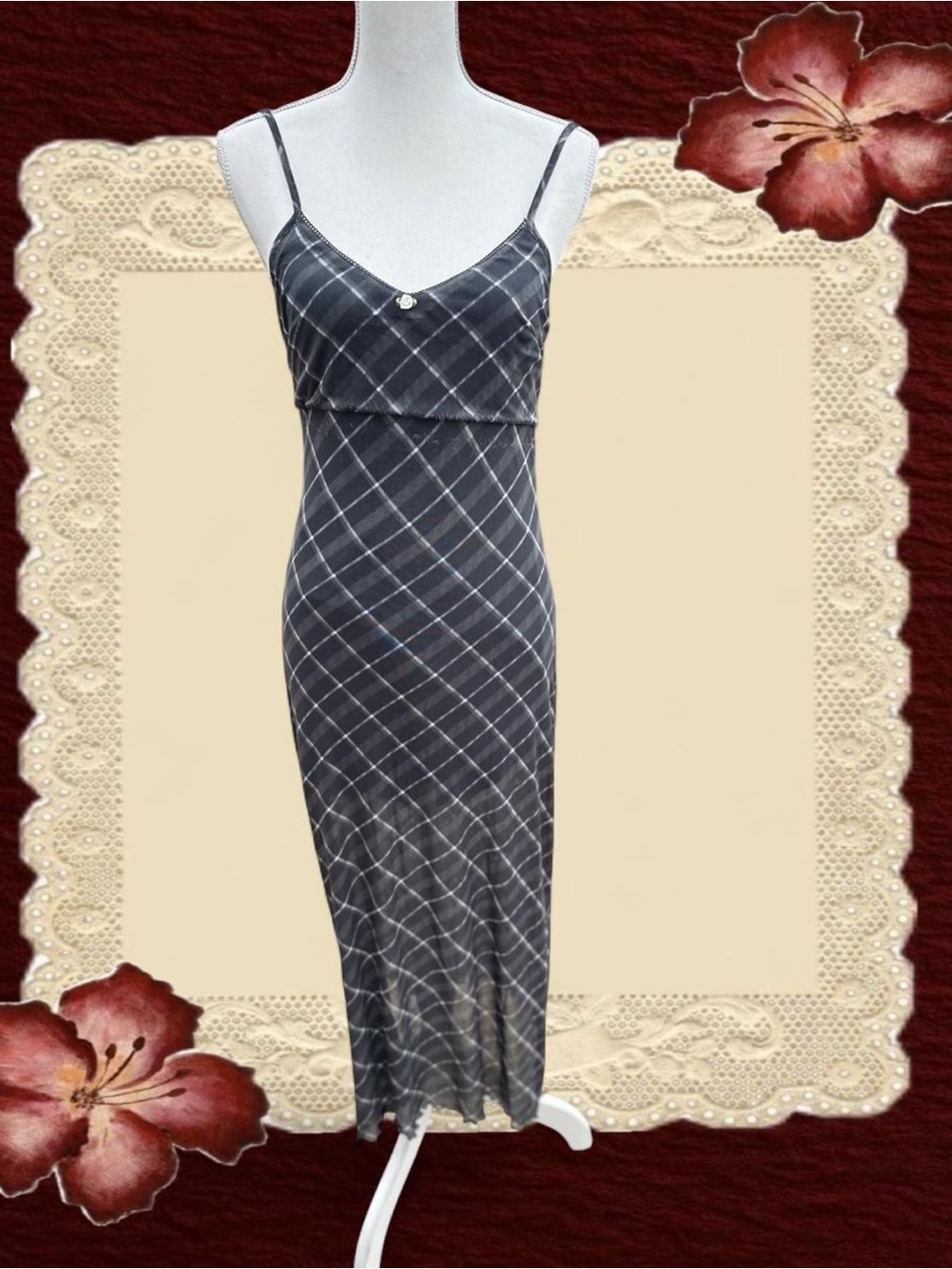 Sleek Charcoal Plaid Midi Slip Dress - Women's Spaghetti Strap Dress